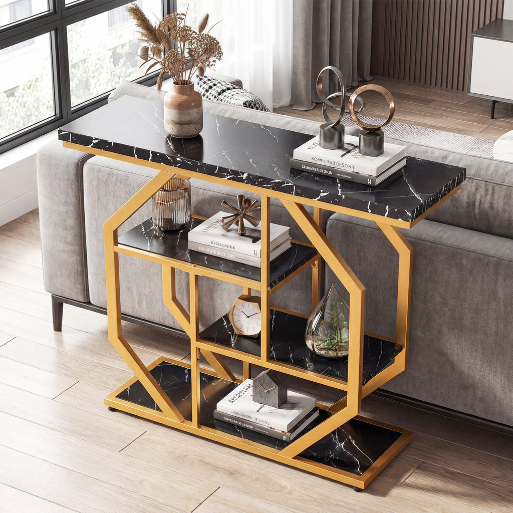 Modern Console Table with Faux Marble Tabletop, Black