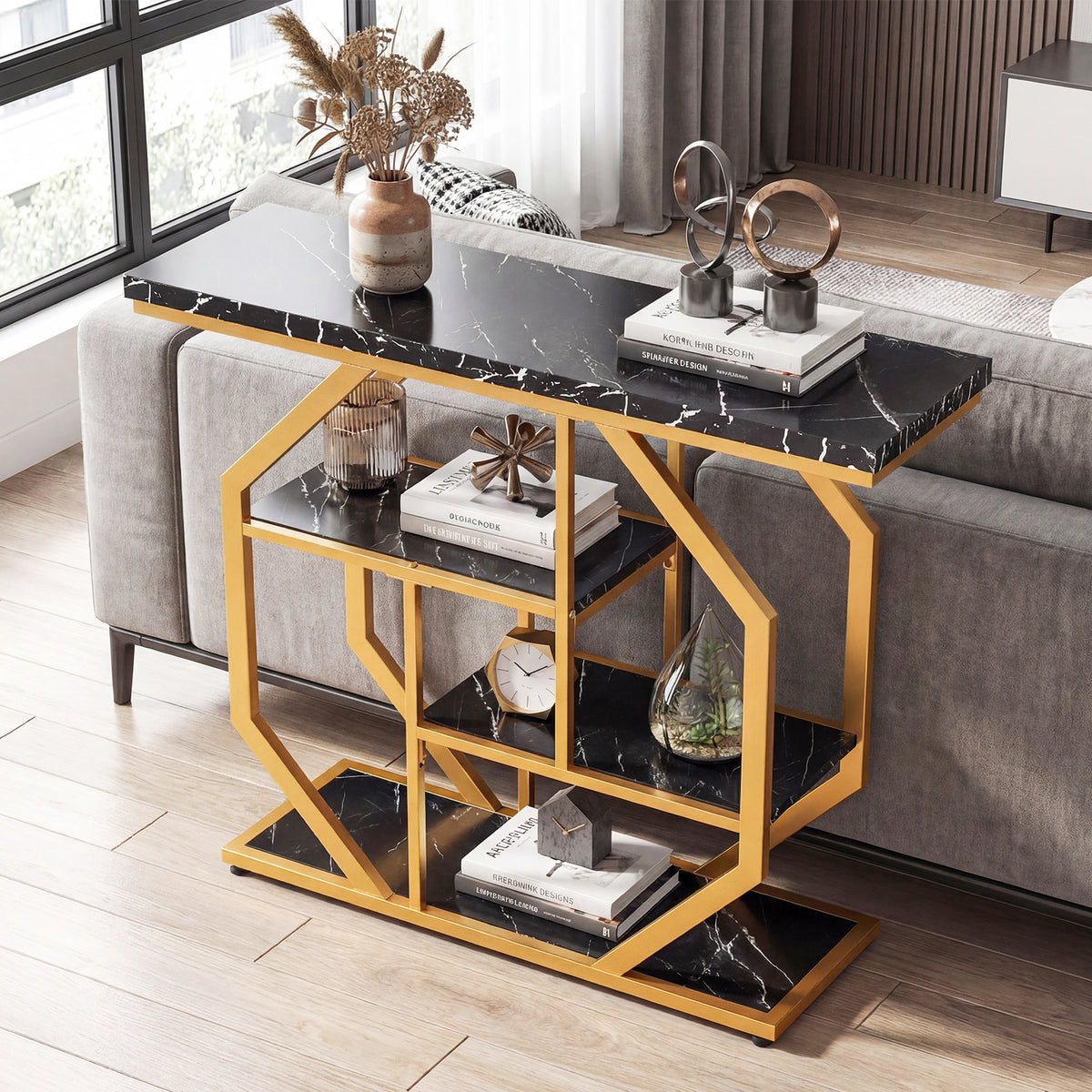 Modern Console Table with Faux Marble Tabletop, Black