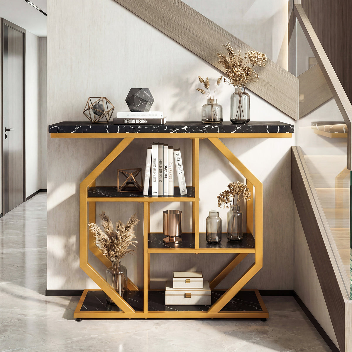 Modern Console Table with Faux Marble Tabletop, Black