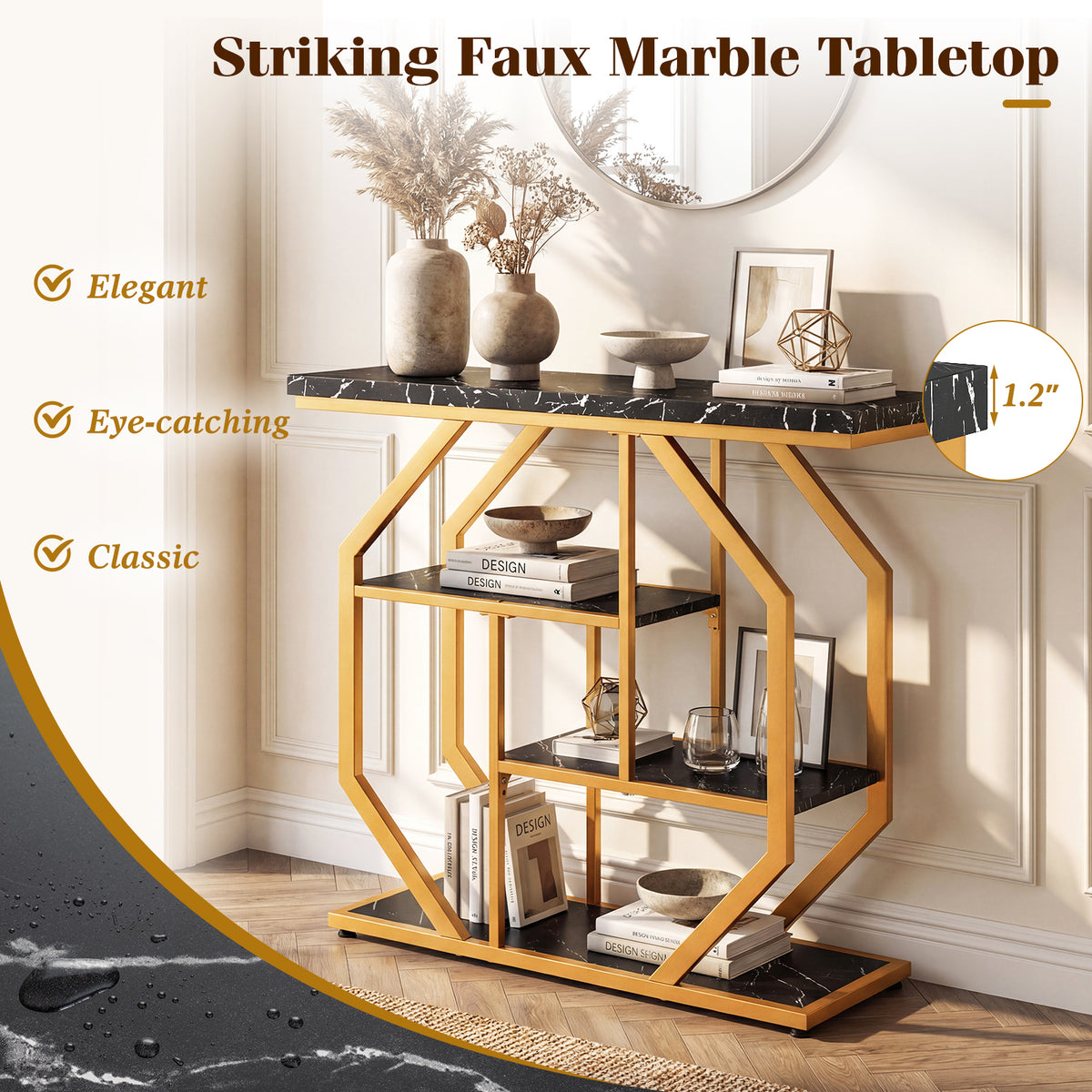 Modern Console Table with Faux Marble Tabletop, Black