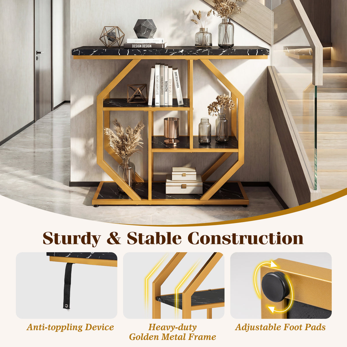 Modern Console Table with Faux Marble Tabletop, Black