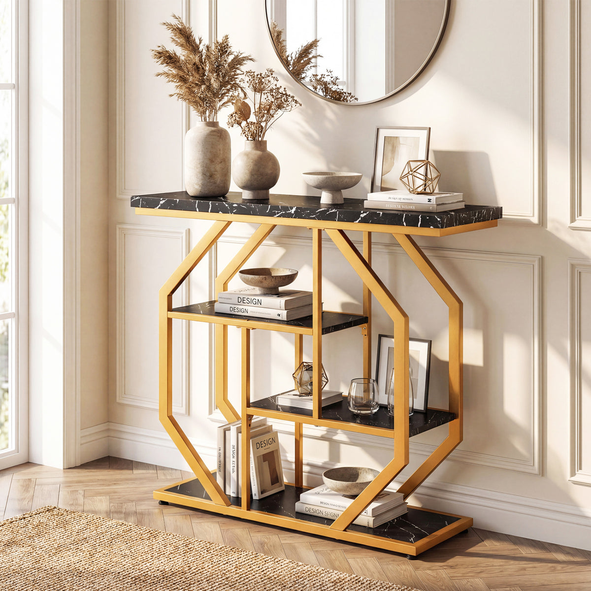 Modern Console Table with Faux Marble Tabletop, Black