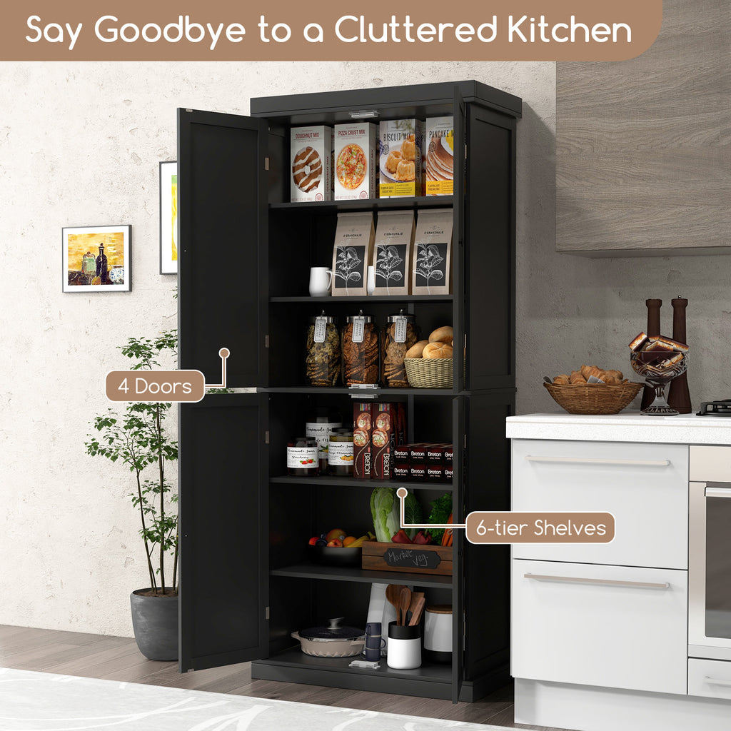 72.5 Inch 4-Door Pantry Cabinet with Adjustable Shelves, Black