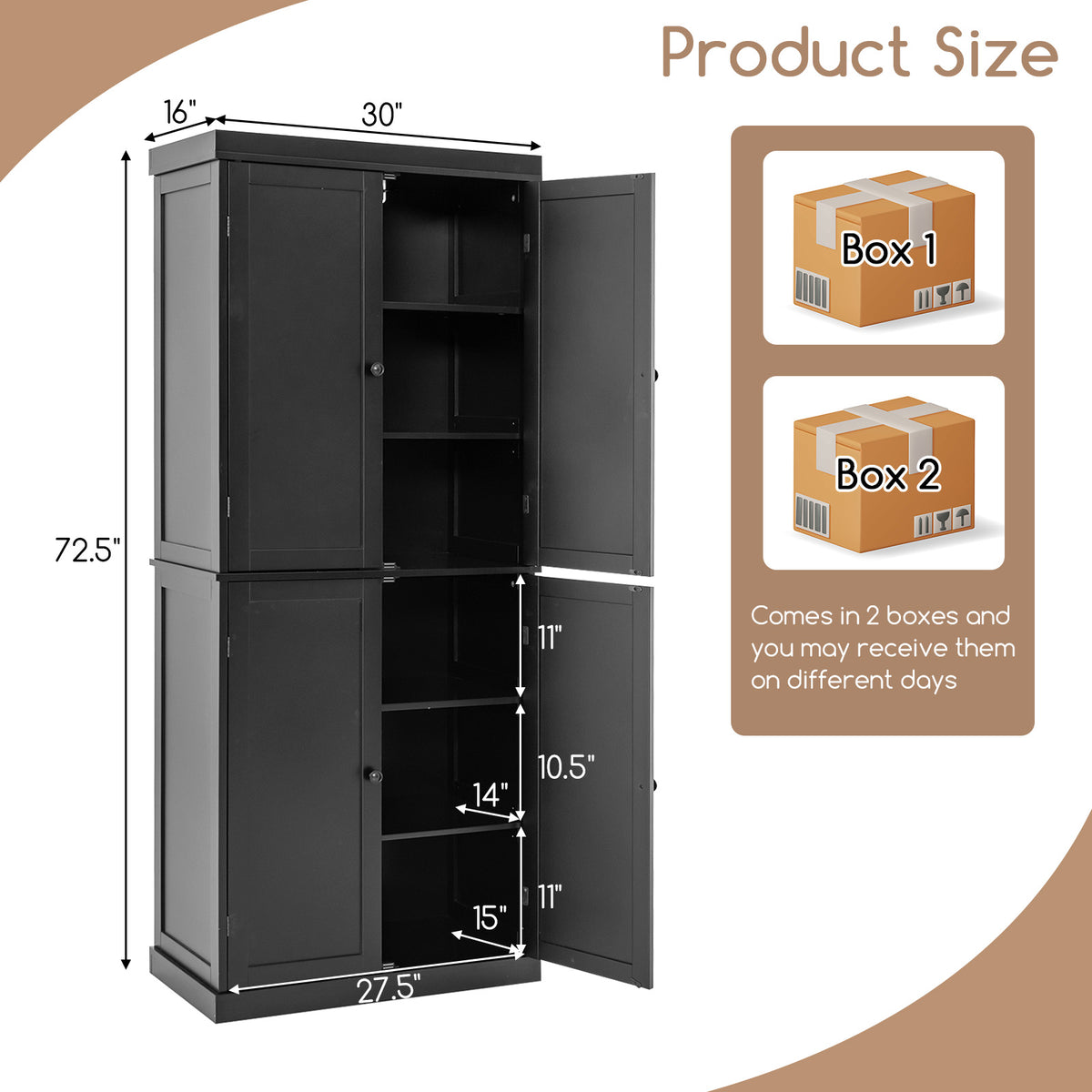 72.5 Inch 4-Door Pantry Cabinet with Adjustable Shelves, Black