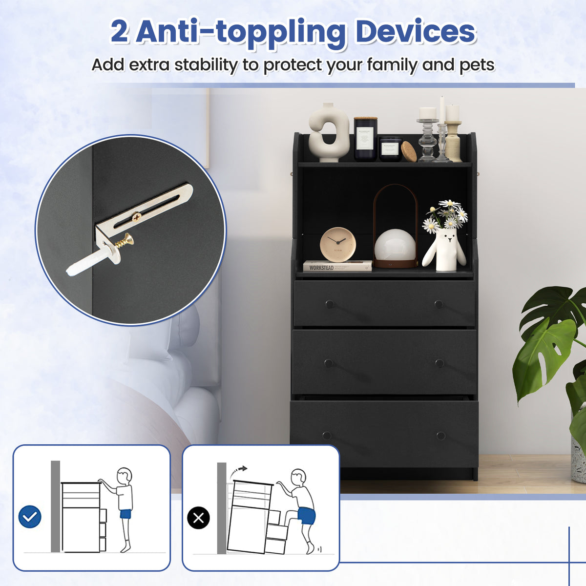 Modern Storage Dresser with Anti-Toppling Device - Black