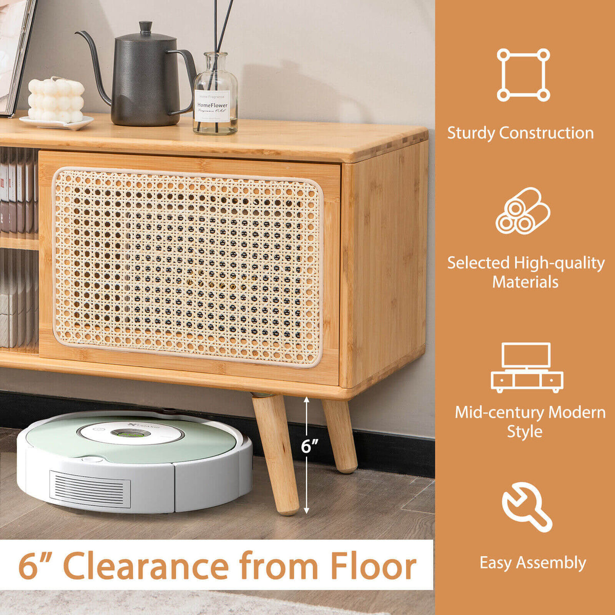Modern TV Stand with Rattan Glass Sliding Doors, Natural