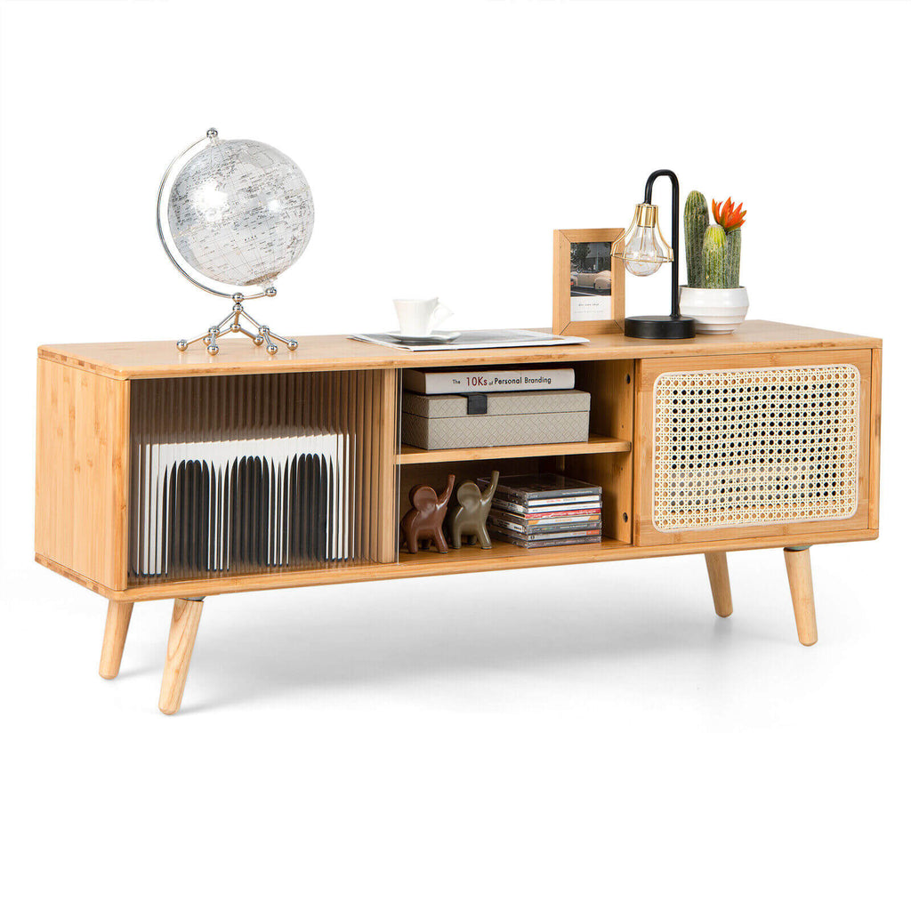 Modern TV Stand with Rattan Glass Sliding Doors, Natural