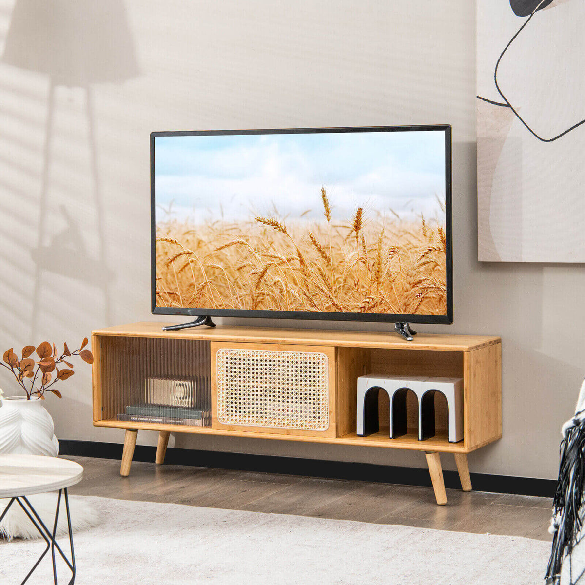 Modern TV Stand with Rattan Glass Sliding Doors, Natural