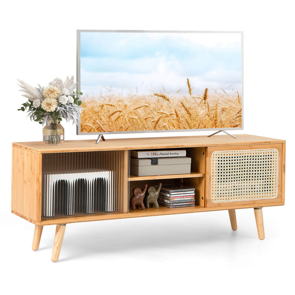 Modern TV Stand with Rattan Glass Sliding Doors, Natural
