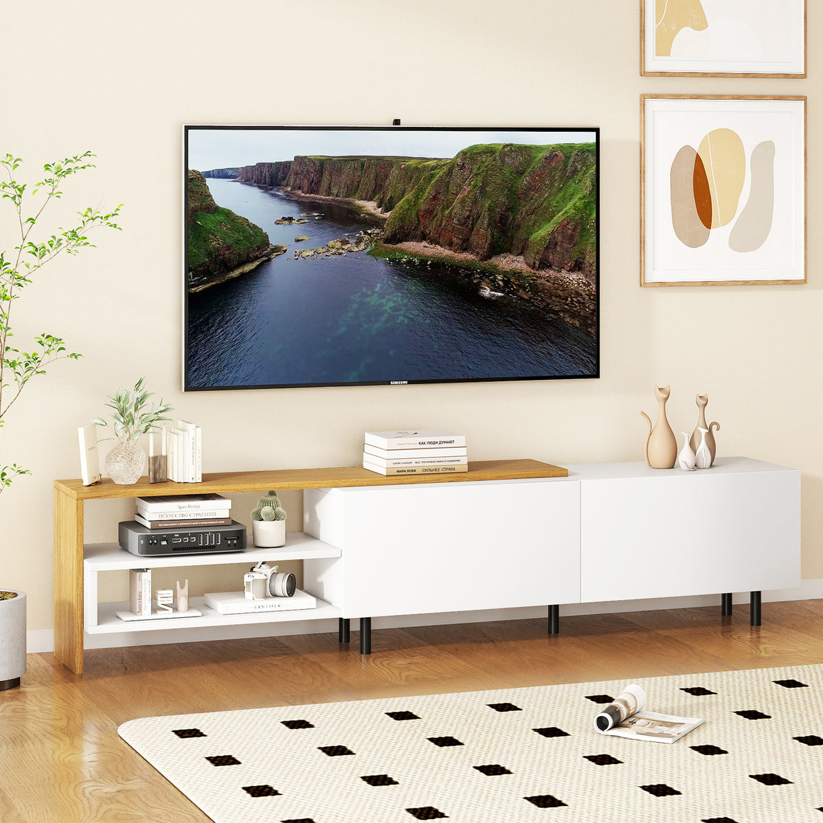 TV Stand for 80 Inch TVs with Storage Shelves - White