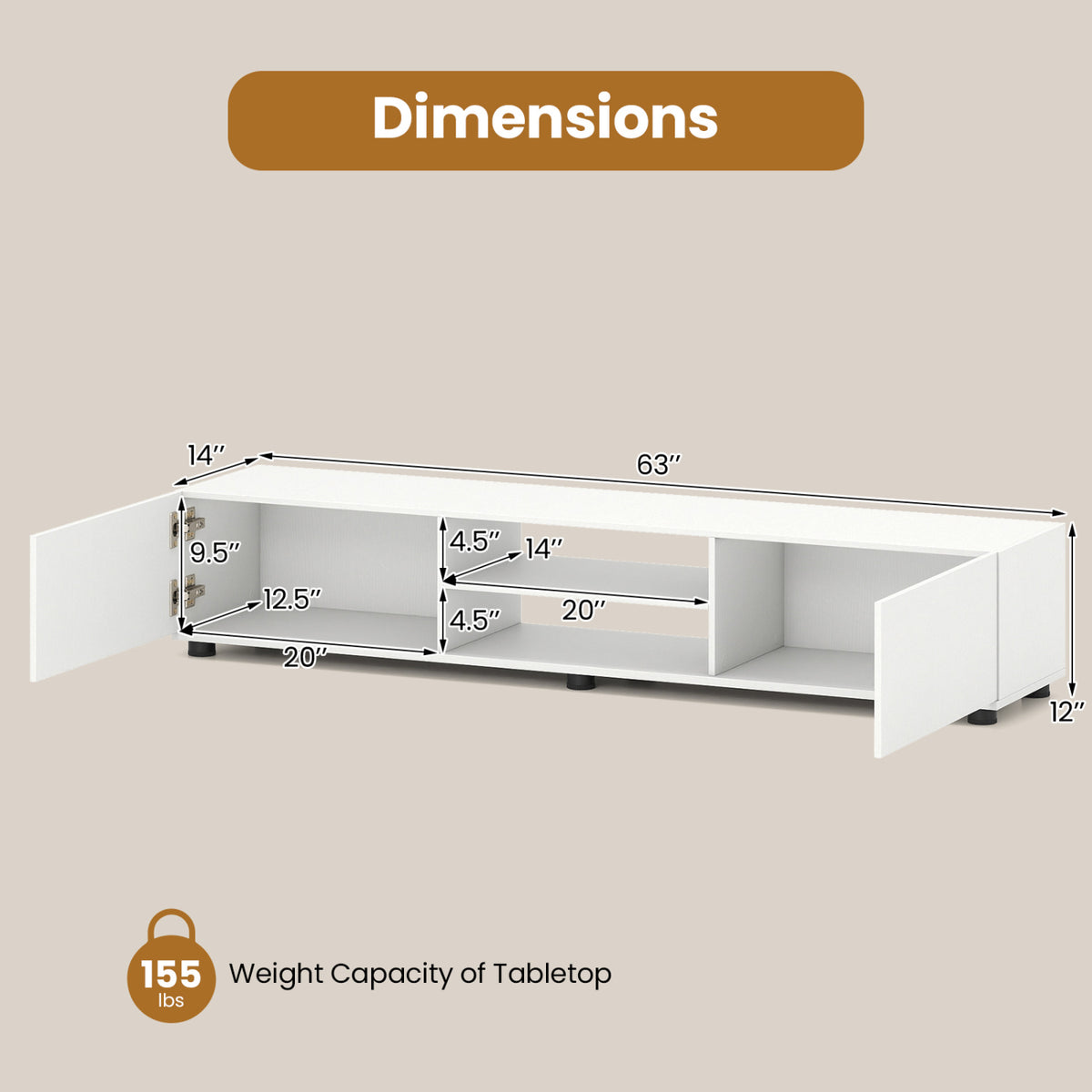 TV Stand for 70" TVs with Storage - White