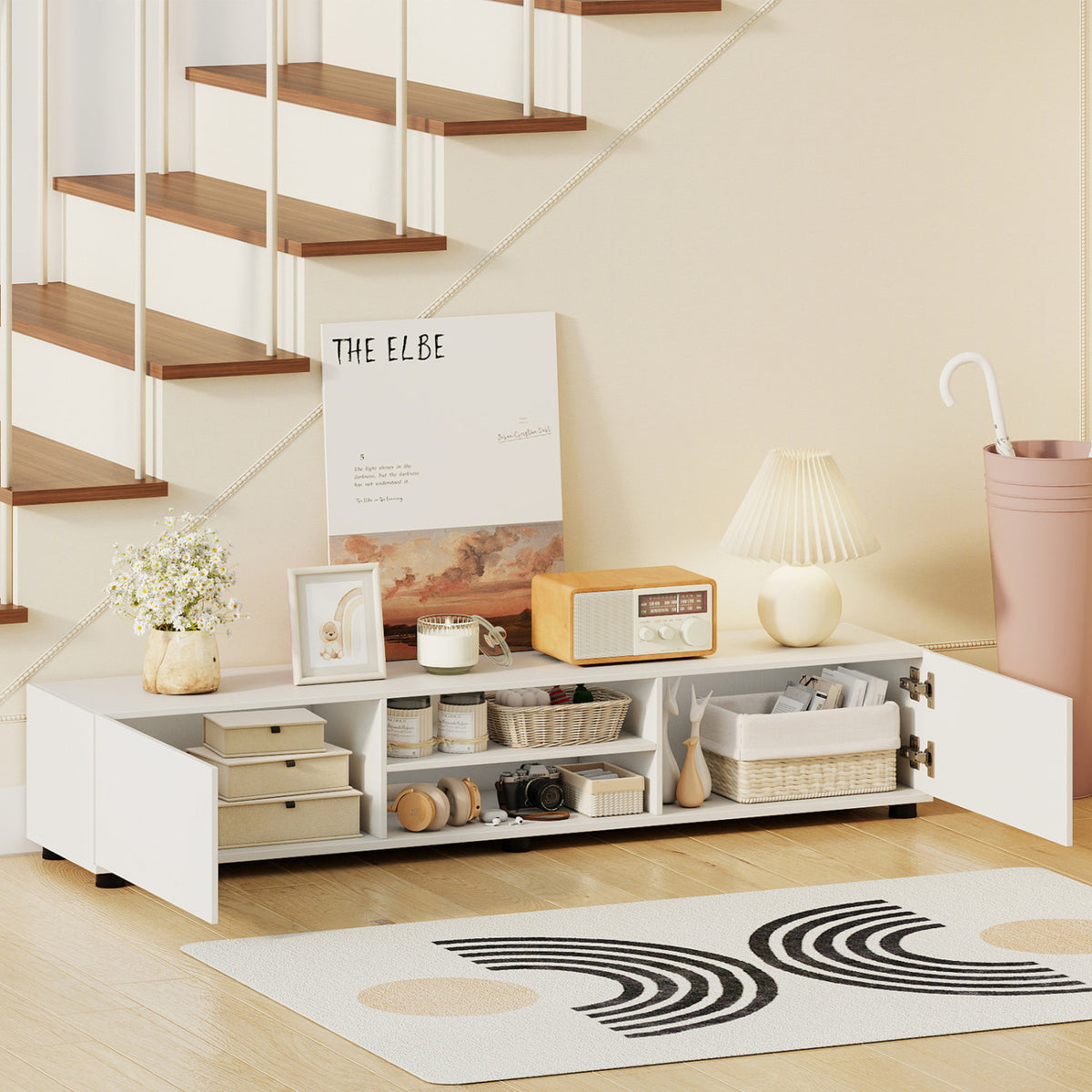TV Stand for 70" TVs with Storage - White