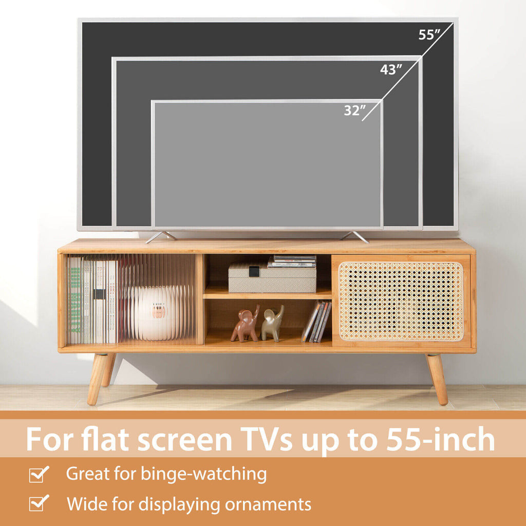 Modern TV Stand with Rattan Glass Sliding Doors, Natural