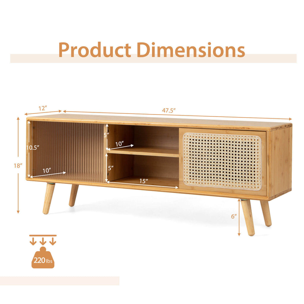 Modern TV Stand with Rattan Glass Sliding Doors, Natural