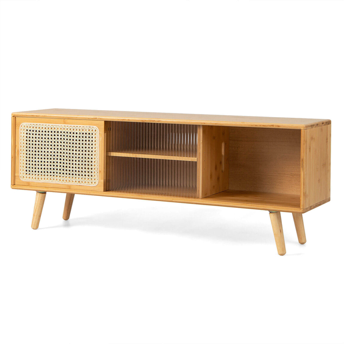 Modern TV Stand with Rattan Glass Sliding Doors, Natural