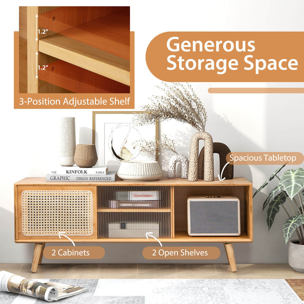 Modern TV Stand with Rattan Glass Sliding Doors, Natural