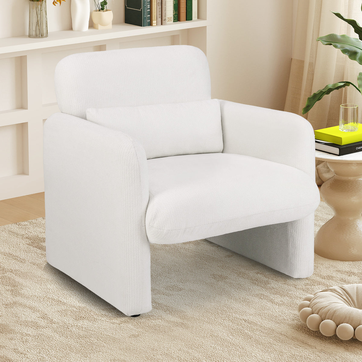 Upholstered Chenille Accent Chair with Lumbar Pillow, White