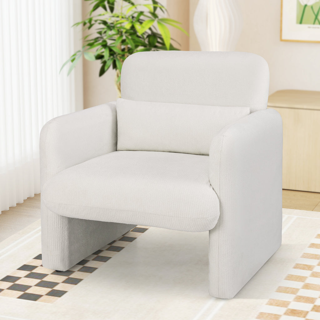 Upholstered Chenille Accent Chair with Lumbar Pillow, White