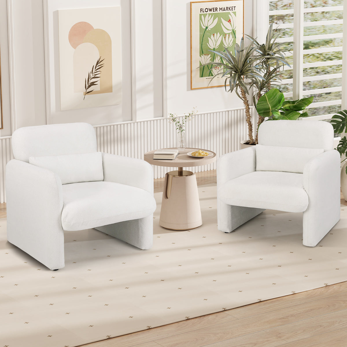 Upholstered Chenille Accent Chair with Lumbar Pillow, White
