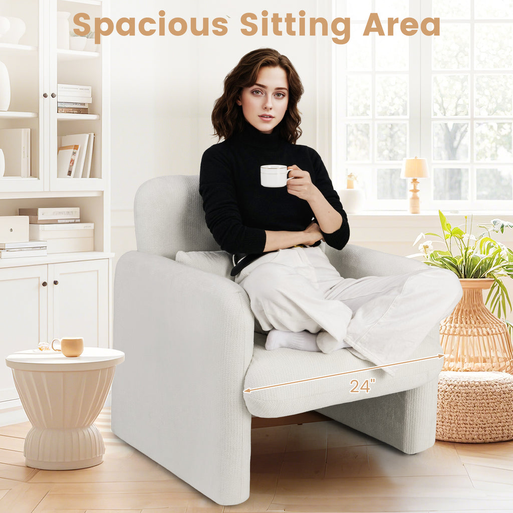 Upholstered Chenille Accent Chair with Lumbar Pillow, White