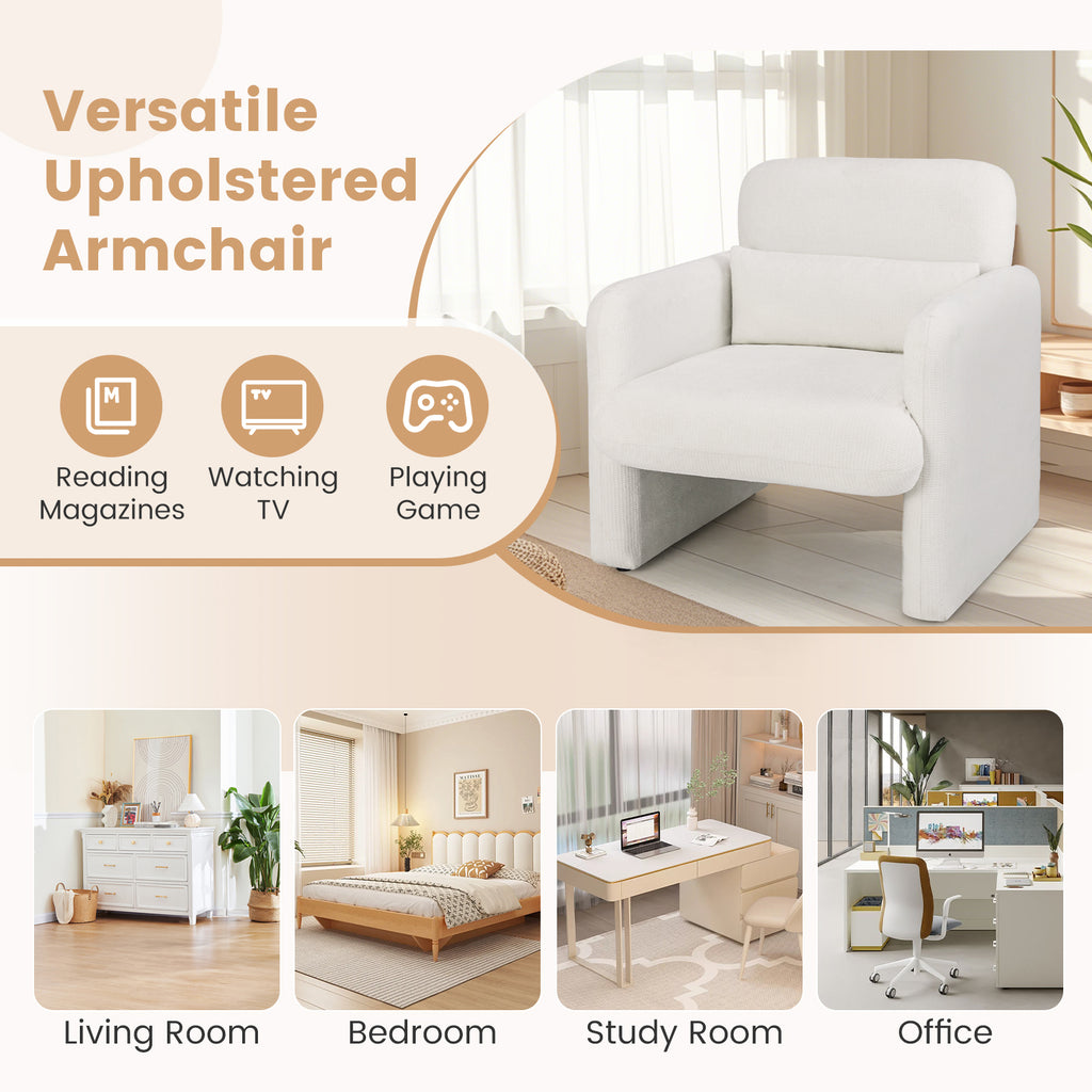 Upholstered Chenille Accent Chair with Lumbar Pillow, White