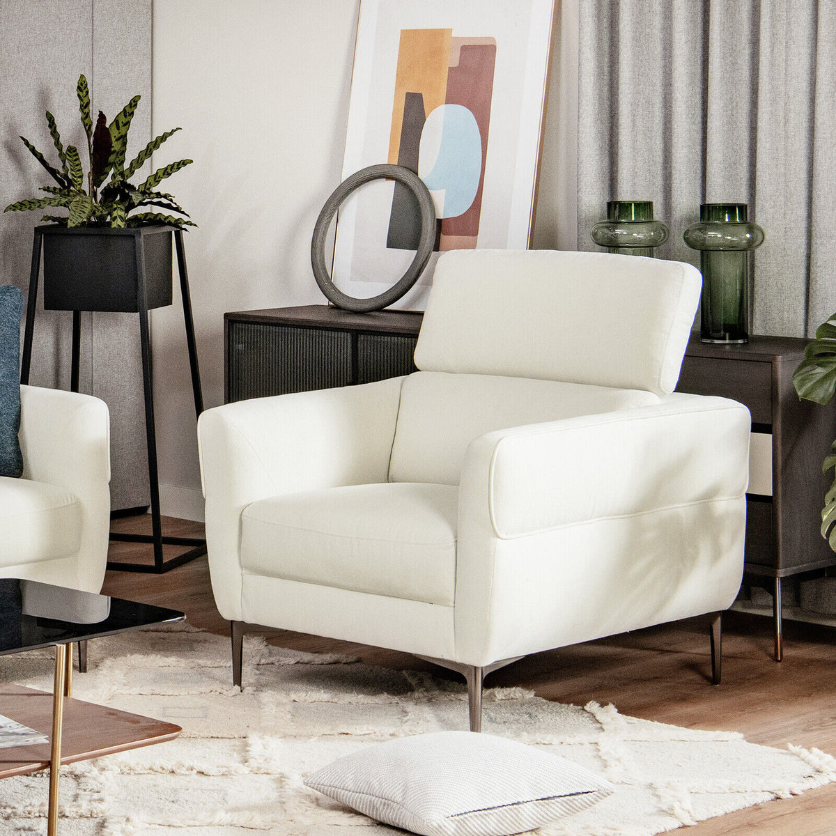 Upholstered Accent Chair with Adjustable Headrest - White