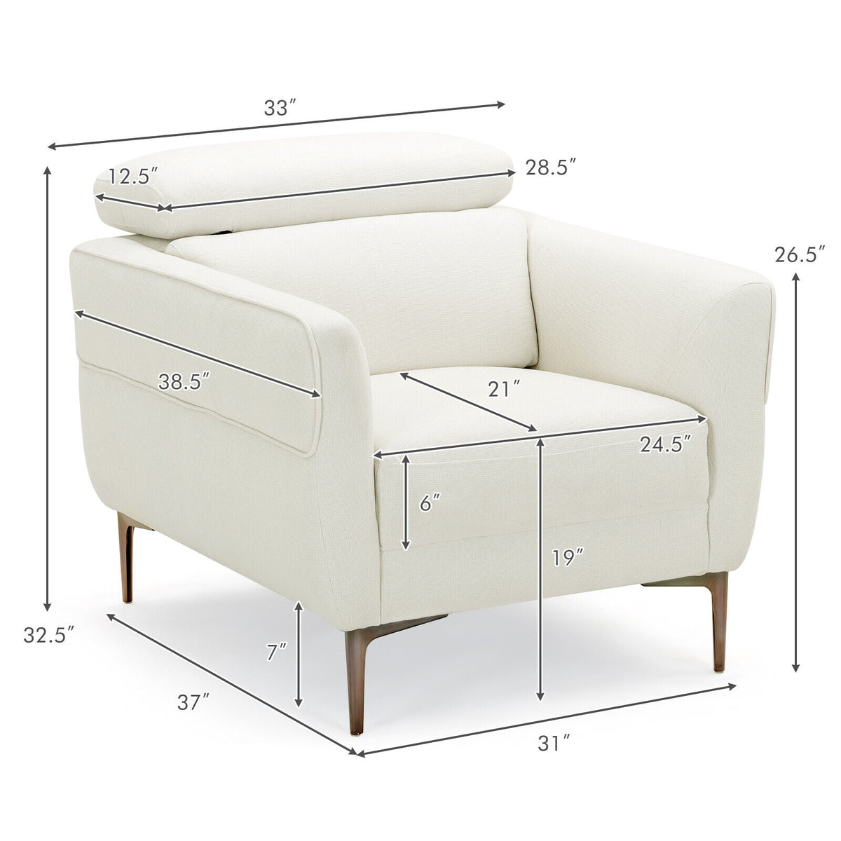 Upholstered Accent Chair with Adjustable Headrest, White