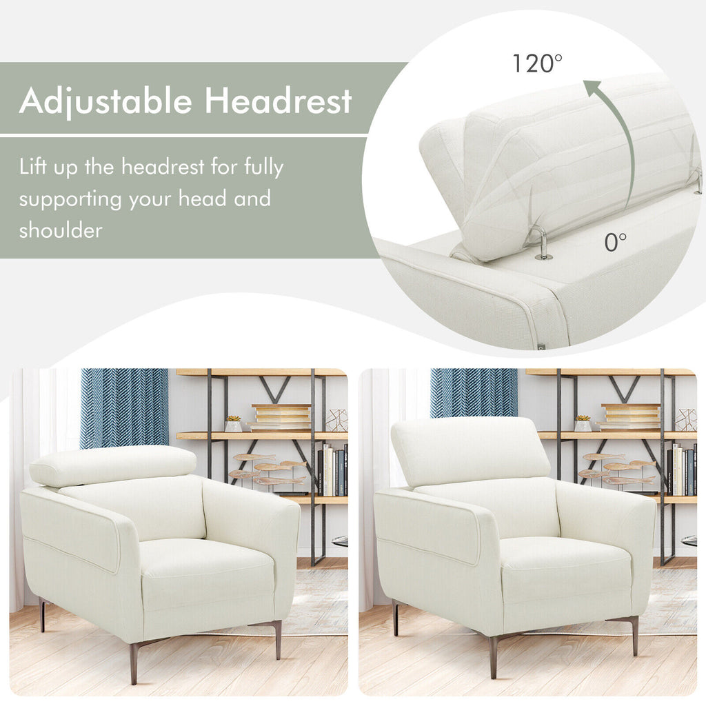 Upholstered Accent Chair with Adjustable Headrest - White