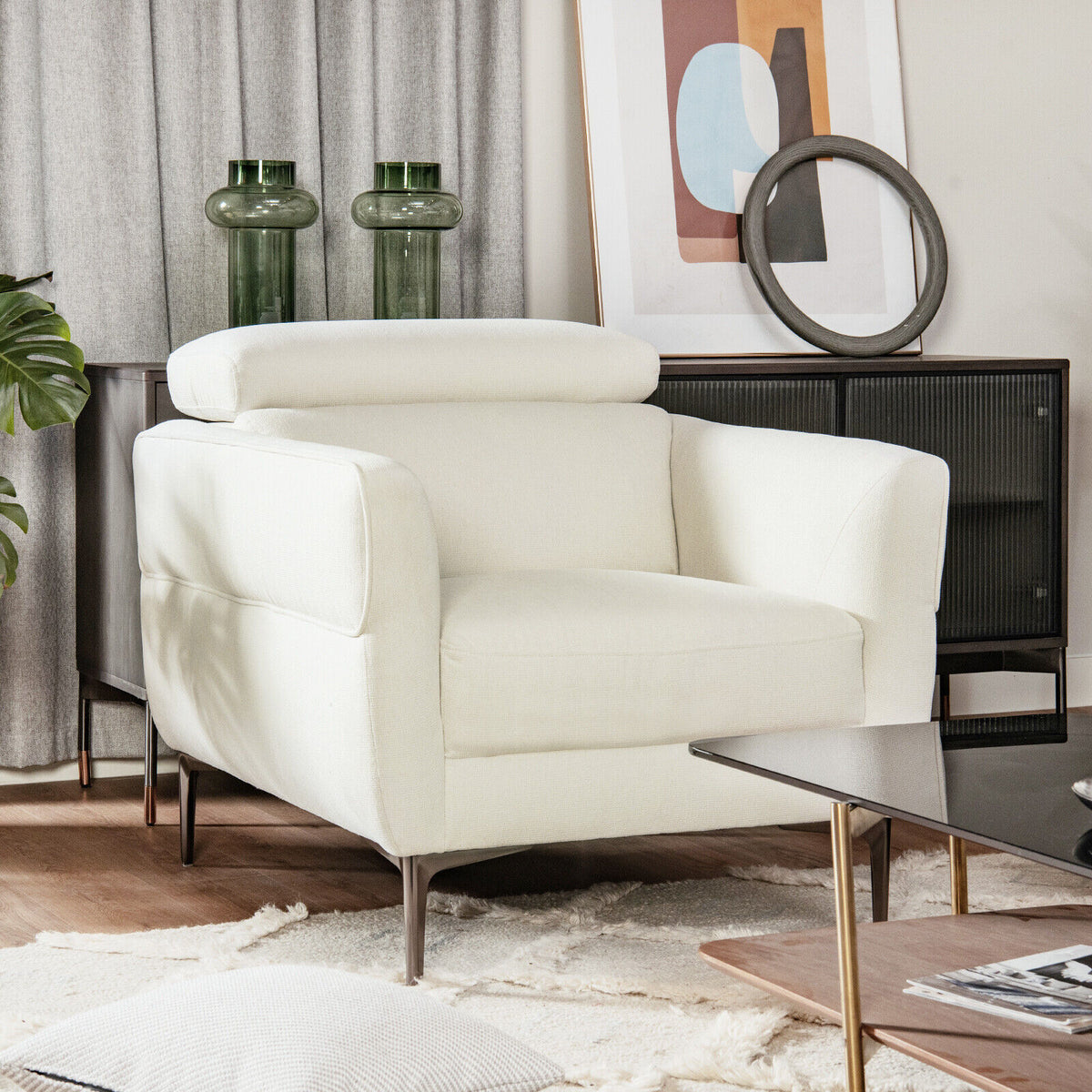 Upholstered Accent Chair with Adjustable Headrest - White