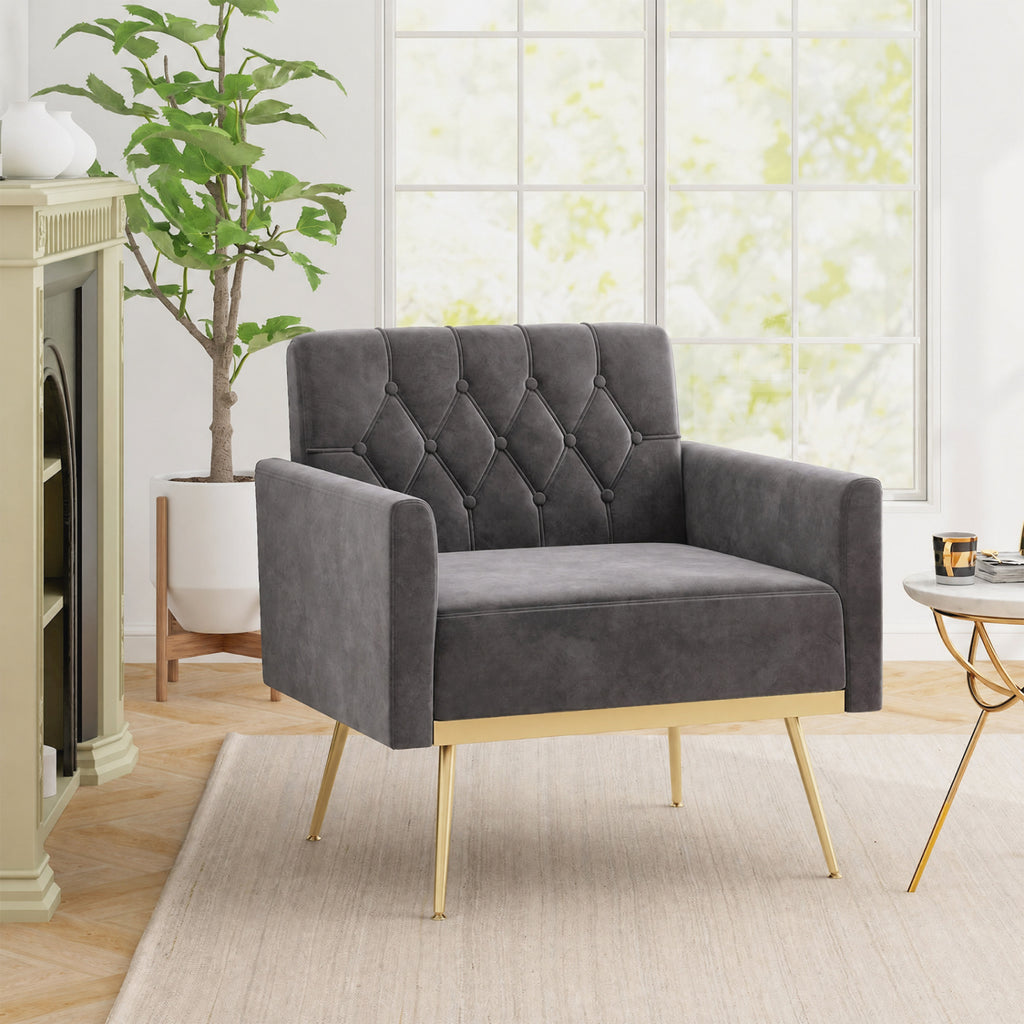 Gray Velvet Accent Chair with Button-Tufted Back