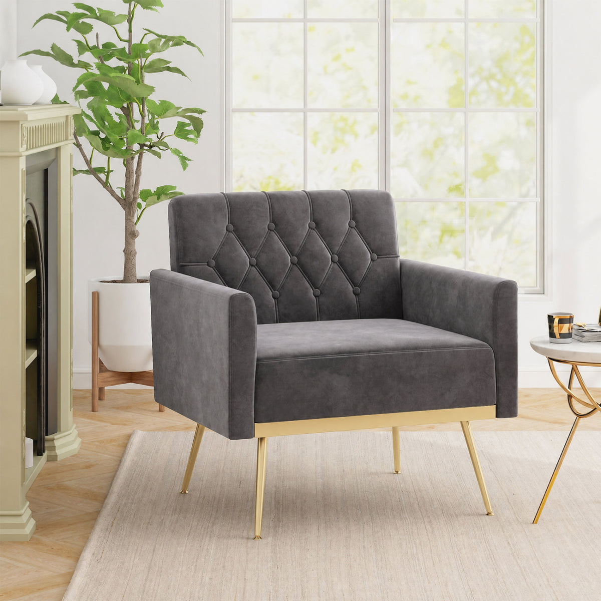 Gray Velvet Accent Chair with Button-Tufted Back