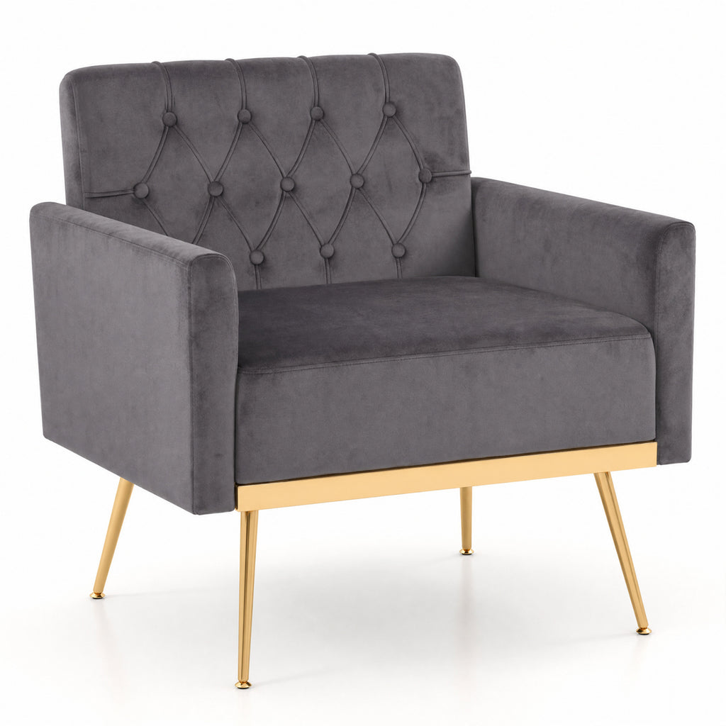 Gray Velvet Accent Chair with Button-Tufted Back