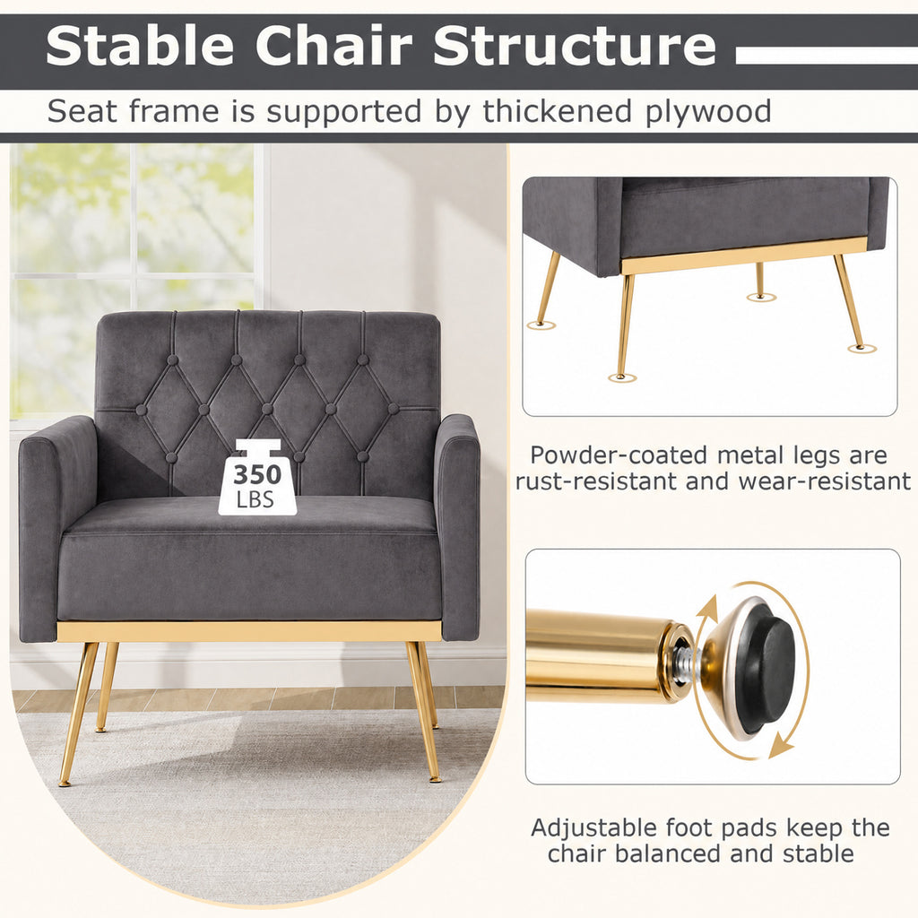 Gray Velvet Accent Chair with Button-Tufted Back