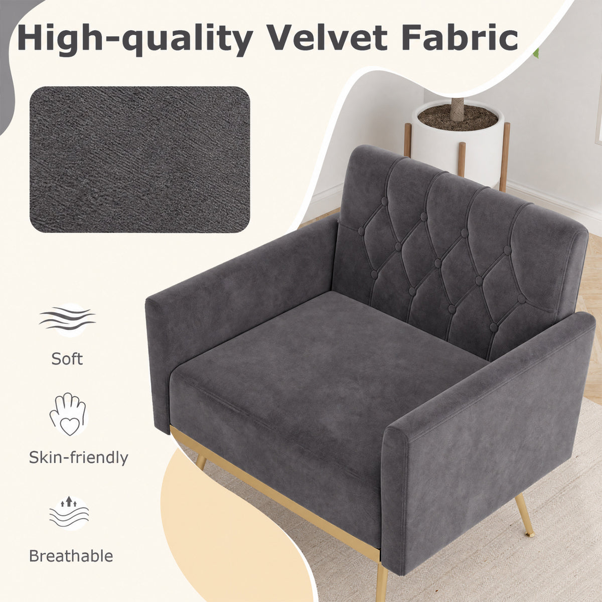 Gray Velvet Accent Chair with Button-Tufted Back