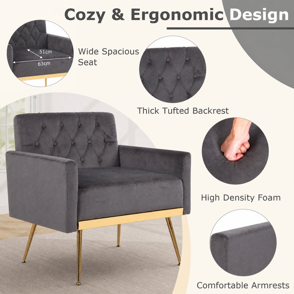 Gray Velvet Accent Chair with Button-Tufted Back