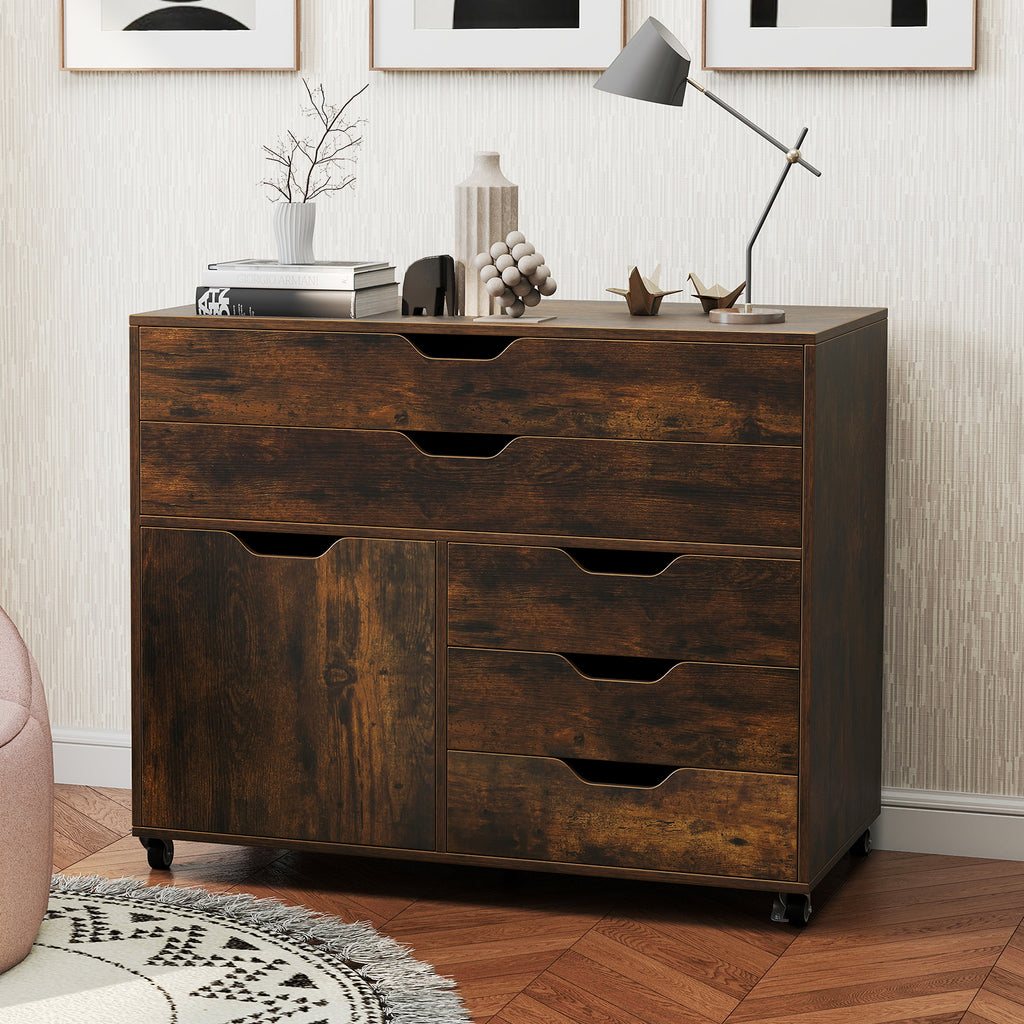 5-Drawer Mobile Storage Chest with Cabinet Door, Brown