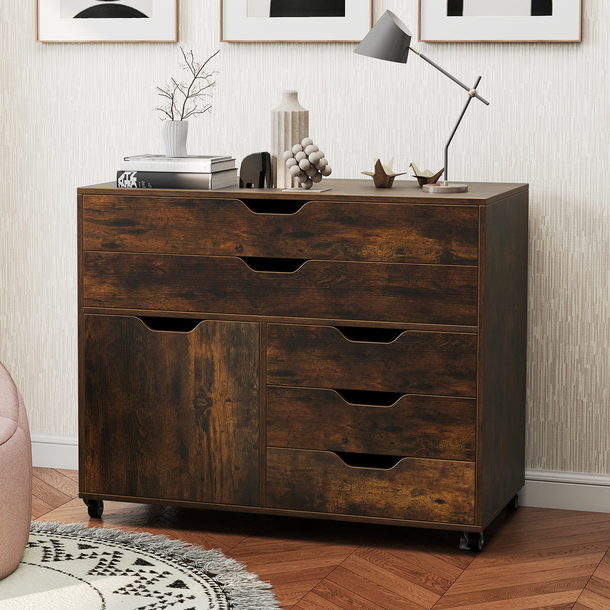5-Drawer Mobile Storage Chest with Cabinet Door, Brown