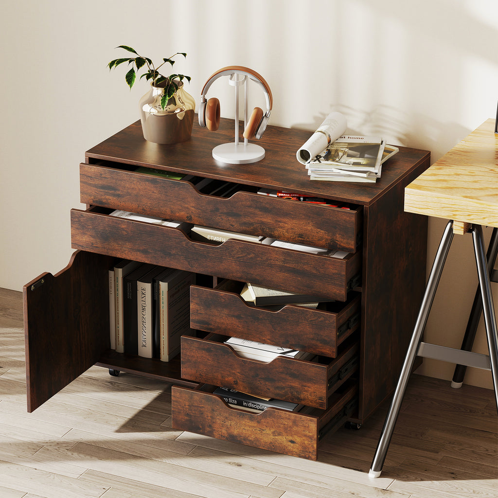 5-Drawer Mobile Storage Chest with Cabinet Door, Brown