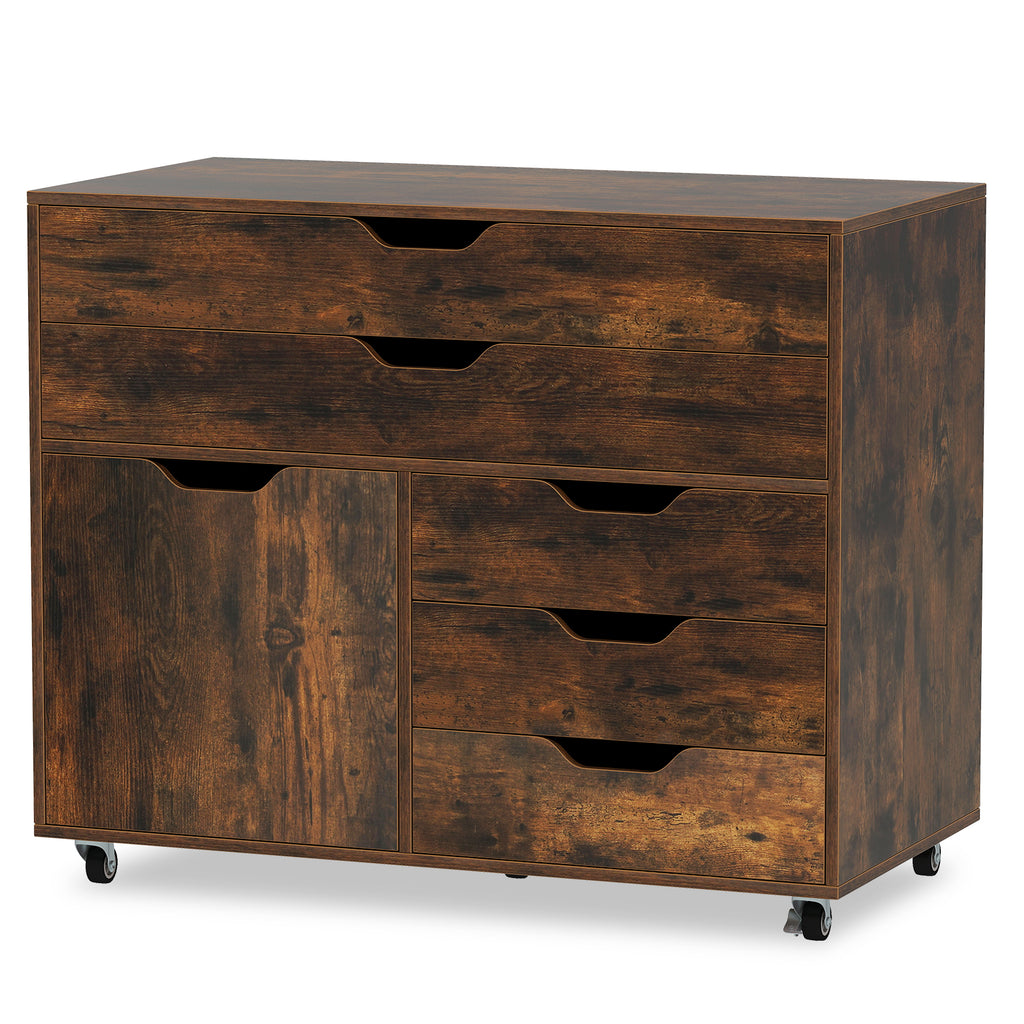 5-Drawer Mobile Storage Chest with Cabinet Door, Brown