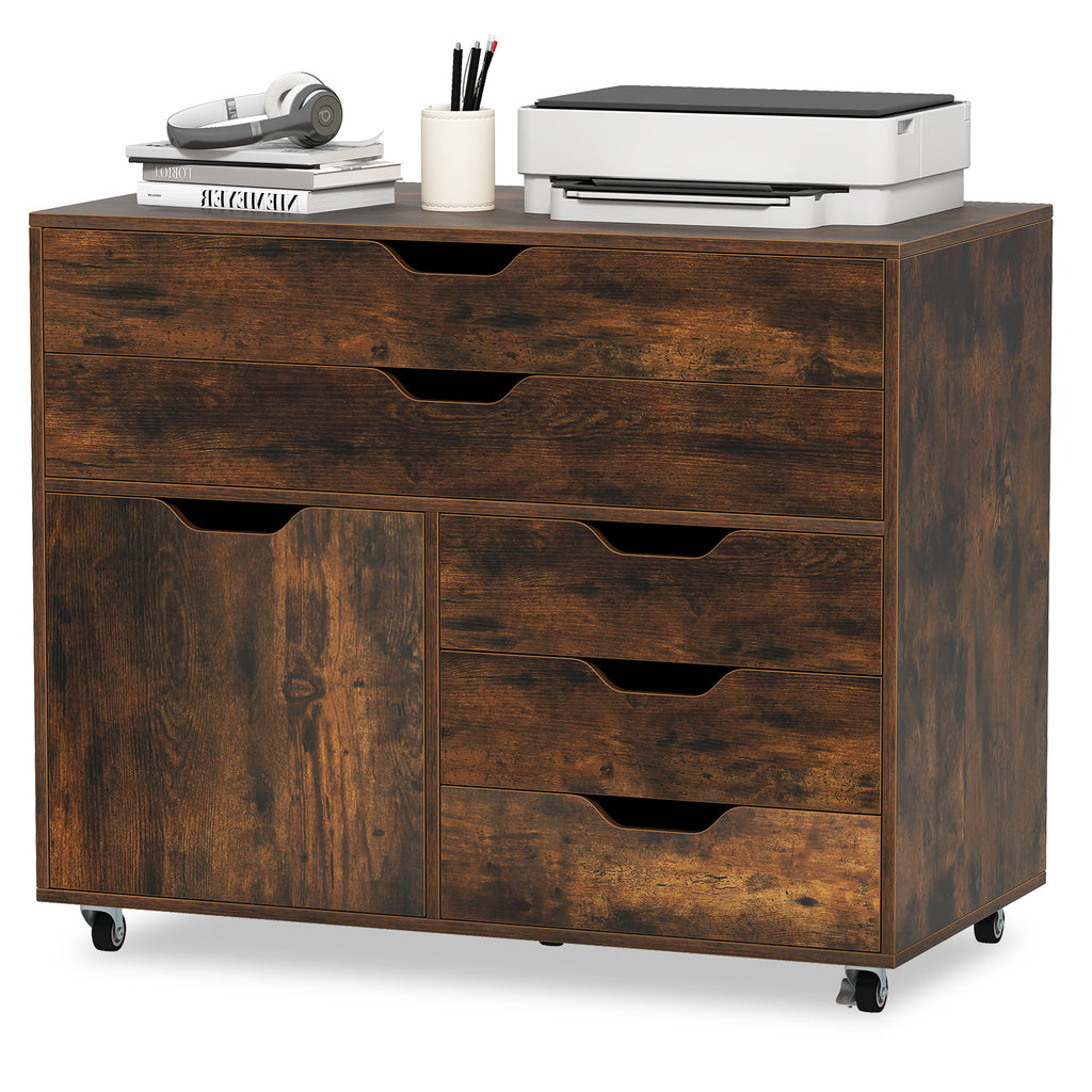 5-Drawer Mobile Storage Chest with Cabinet Door, Brown