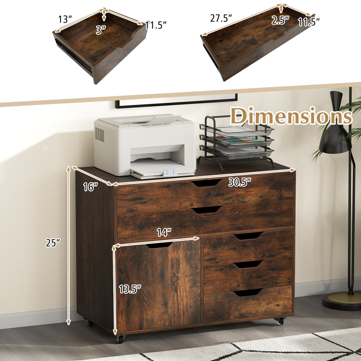 5-Drawer Mobile Storage Chest with Cabinet Door, Brown