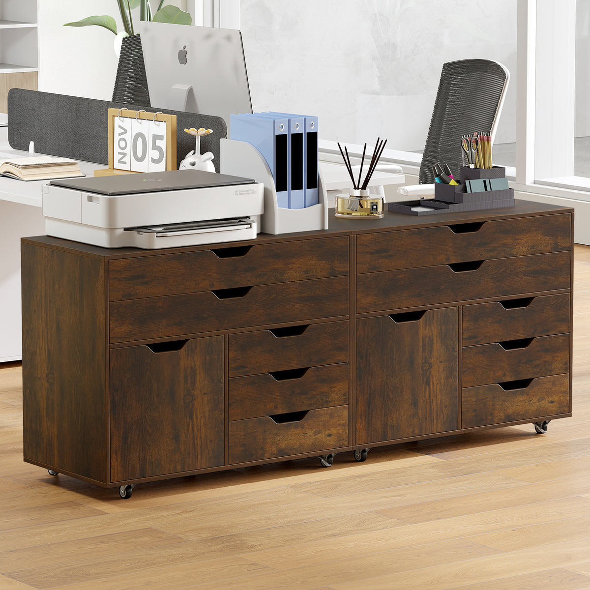 5-Drawer Mobile Storage Chest with Cabinet Door, Brown