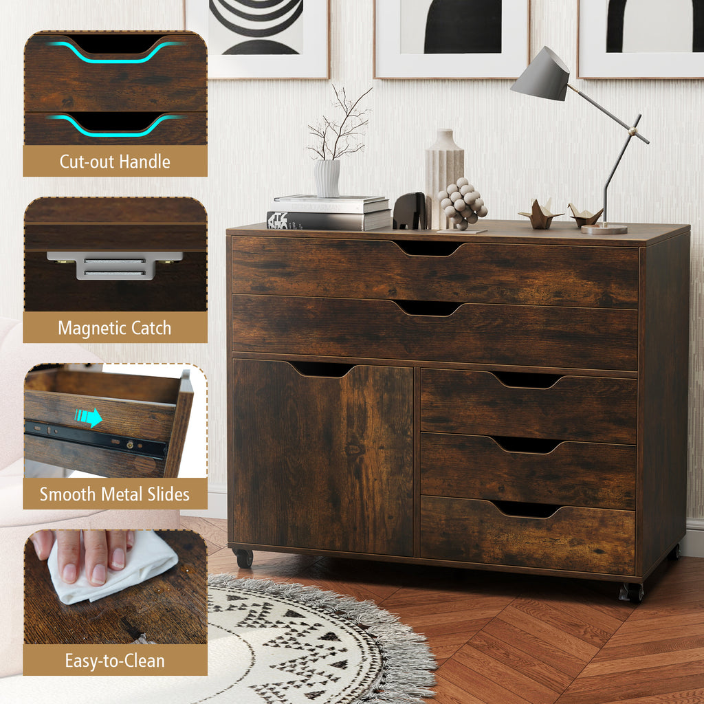 5-Drawer Mobile Storage Chest with Cabinet Door, Brown