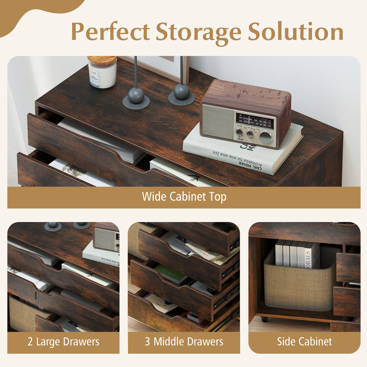 5-Drawer Mobile Storage Chest with Cabinet Door, Brown