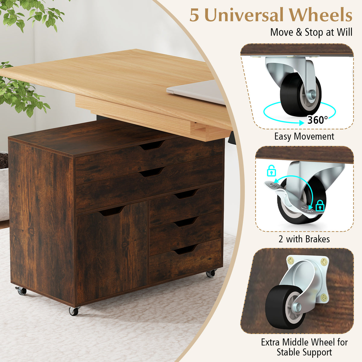 5-Drawer Mobile Storage Chest with Cabinet Door, Brown