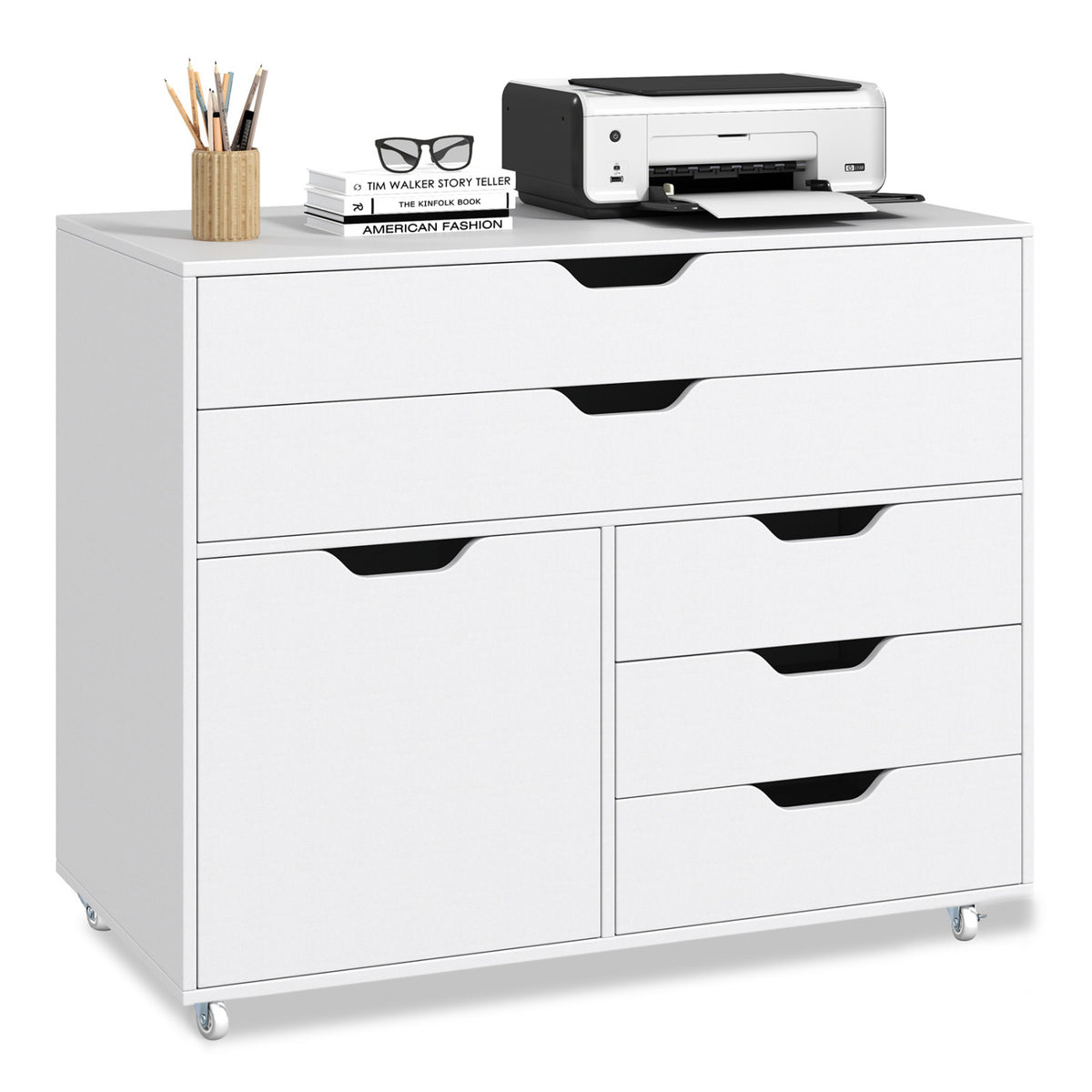 Modern Vertical 5-Drawer Mobile Chest with Door 5 Casters