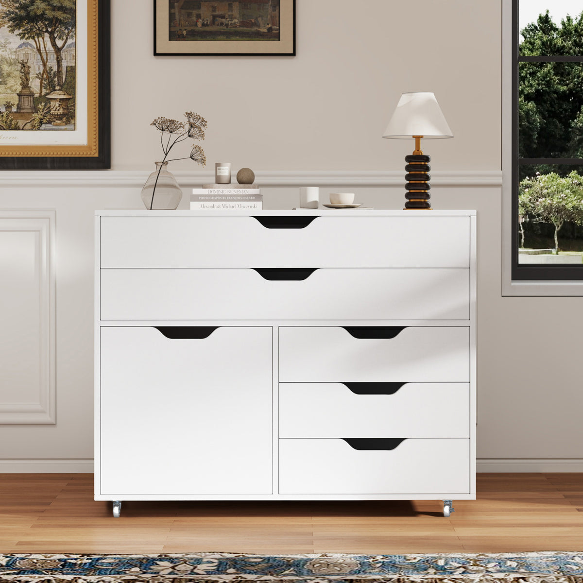 Modern Vertical 5-Drawer Mobile Chest with Door 5 Casters