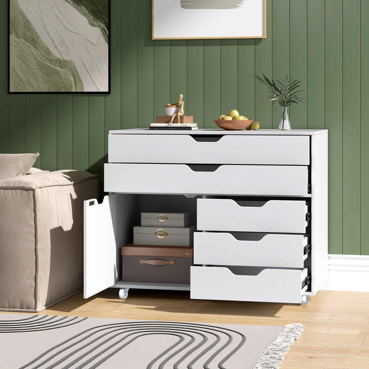 Modern Vertical 5-Drawer Mobile Chest with Door 5 Casters