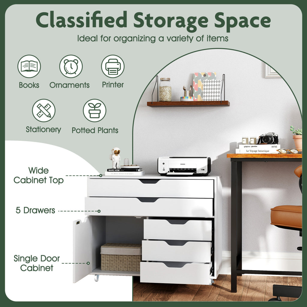Modern Vertical 5-Drawer Mobile Chest with Door 5 Casters