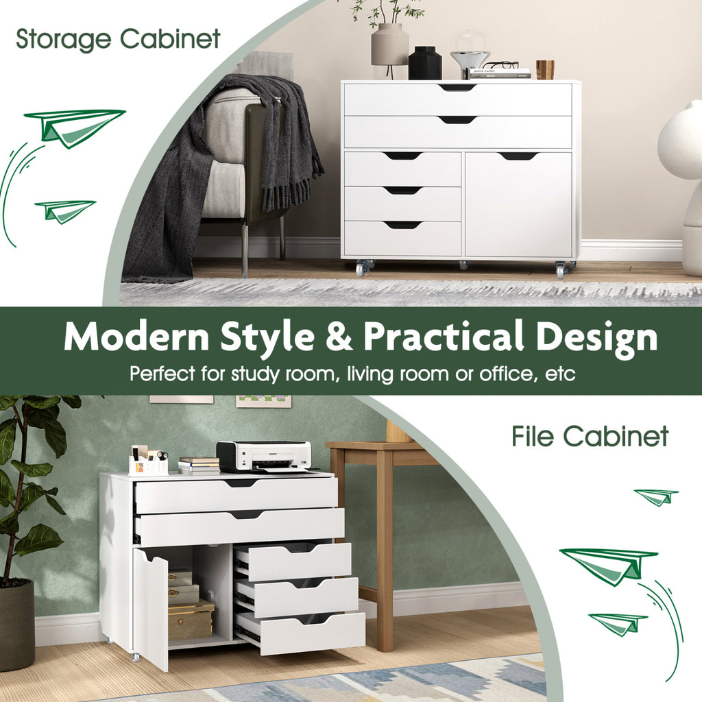 Modern Vertical 5-Drawer Mobile Chest with Door 5 Casters